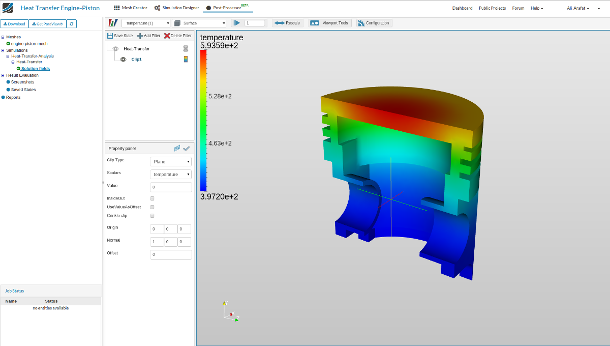 The same problem solved by CALCULIX through Simscale