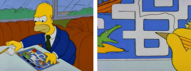 Homer trying to solve a maze on a placemat during season four.