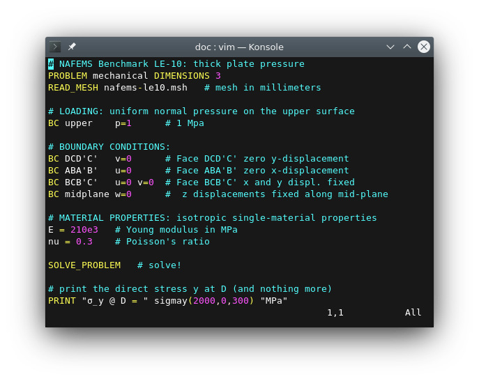 FeenoX input file edited in Vim on Konsole