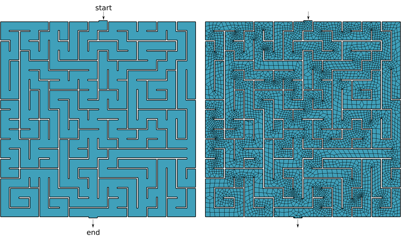 Bitmapped maze from https://www.mazegenerator.net (left) and 2D mesh (right)