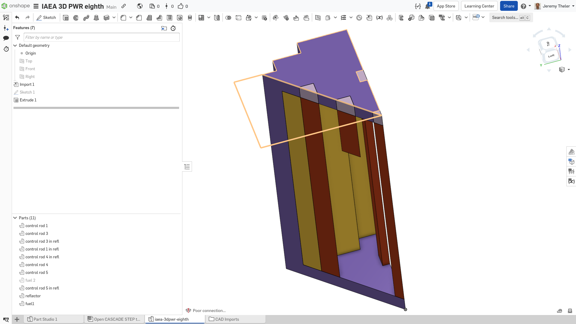 Figure 5: IAEA 3D PWR one-eighth CAD in Onshape (“fuel 2” is hidden)