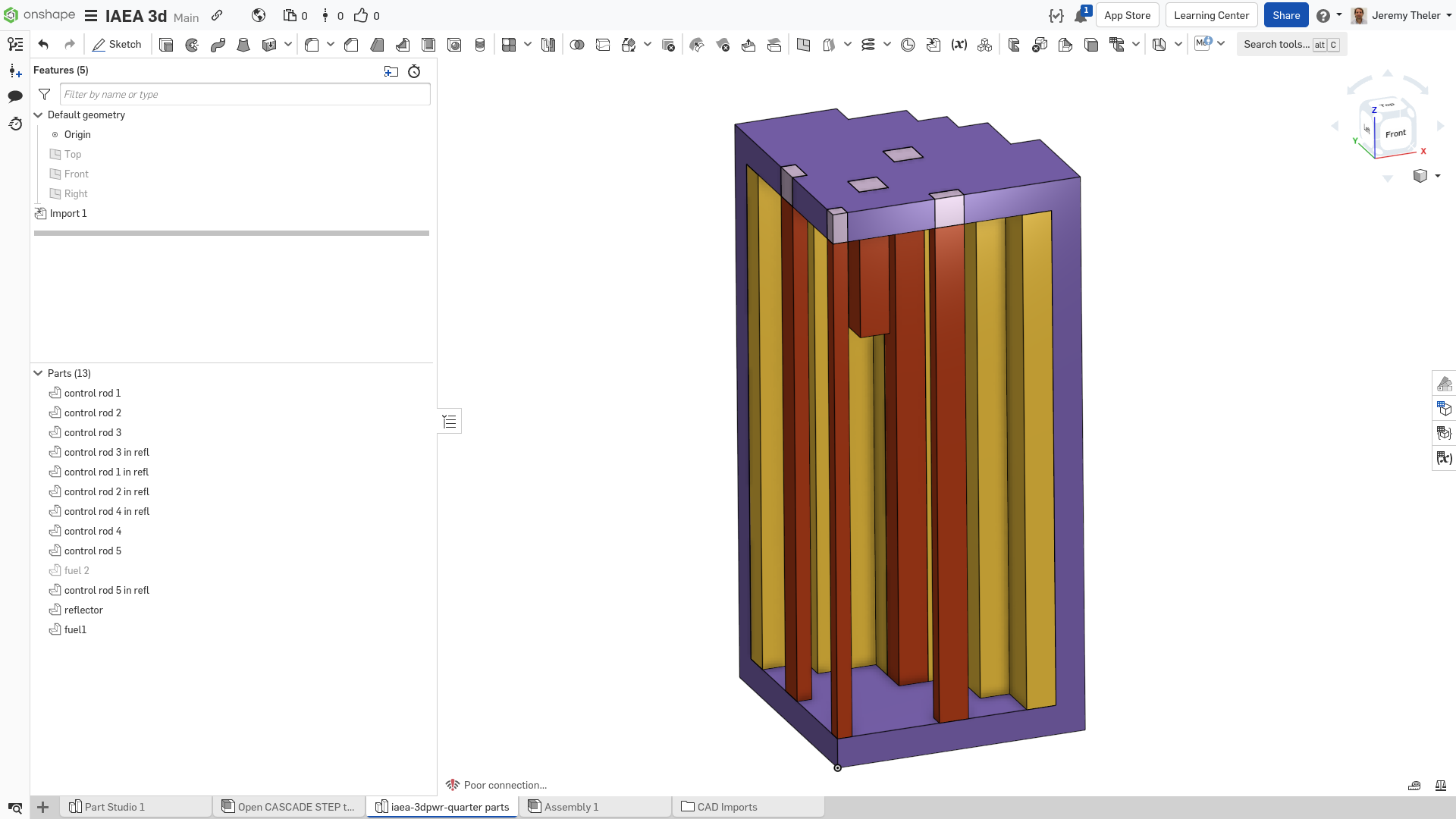 Figure 4: IAEA 3D PWR one-quarter CAD in Onshape (“fuel 2” is hidden)