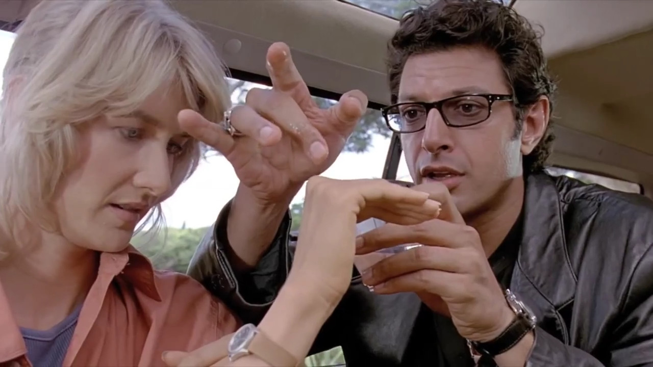 Dr. Ian Malcolm (Jeff Goldblum) explaining the concept of sensitivity to initial conditions in chaotic systems in the 1993 movie Jurassic Park.
